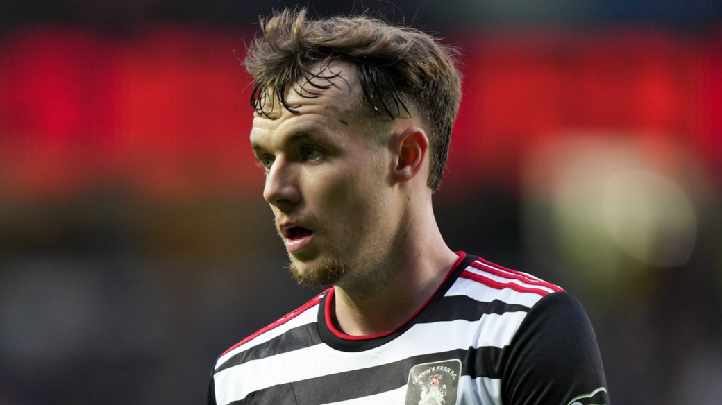 Kyle Hurst, wearing the black and white striped shit of Queens Park, during a Scottish Cup game against Rangers in 2025