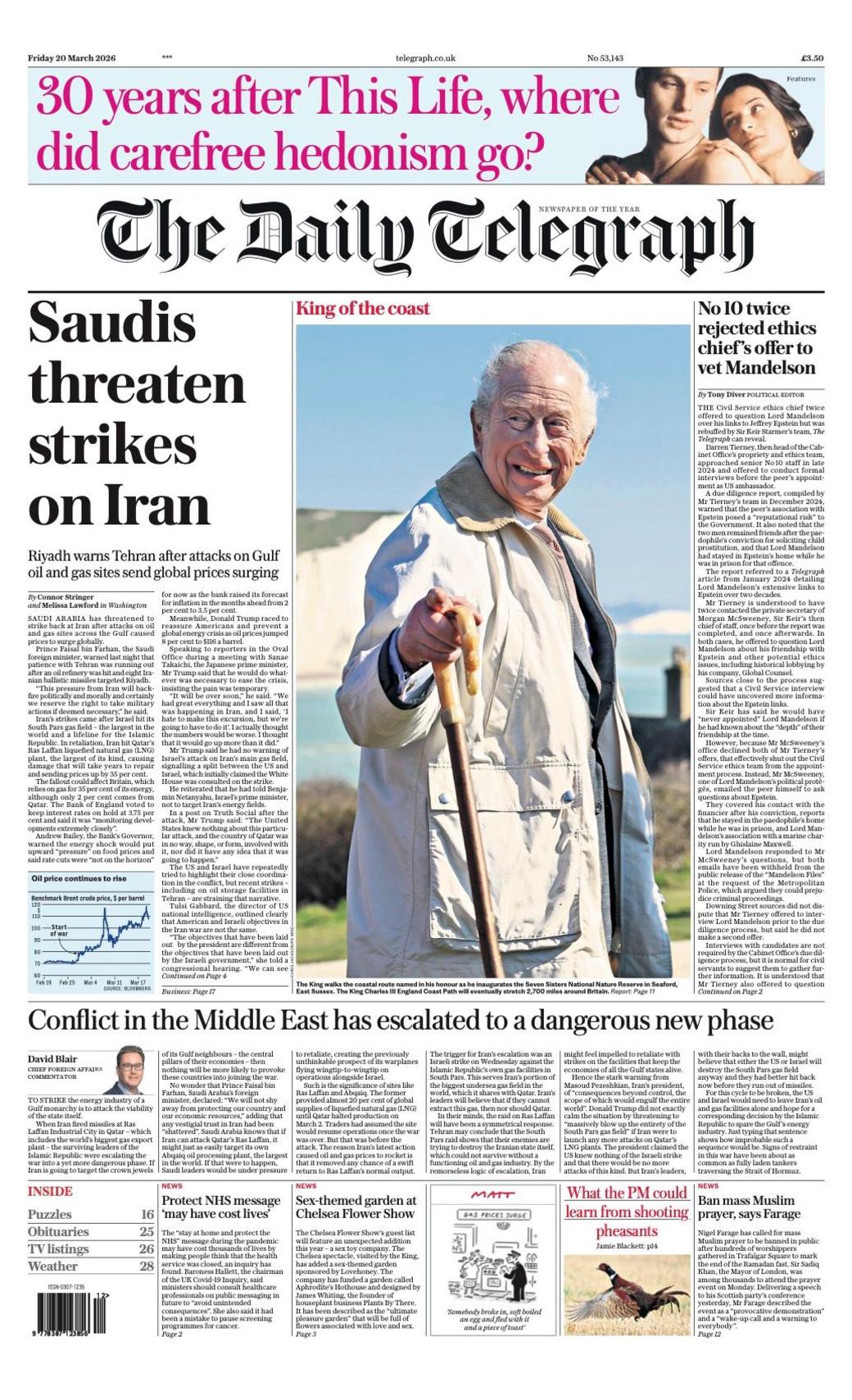 Titulli në faqen e parë të Daily Telegraph thotë: "Sauditët kërcënojnë me sulme ndaj Iranit".