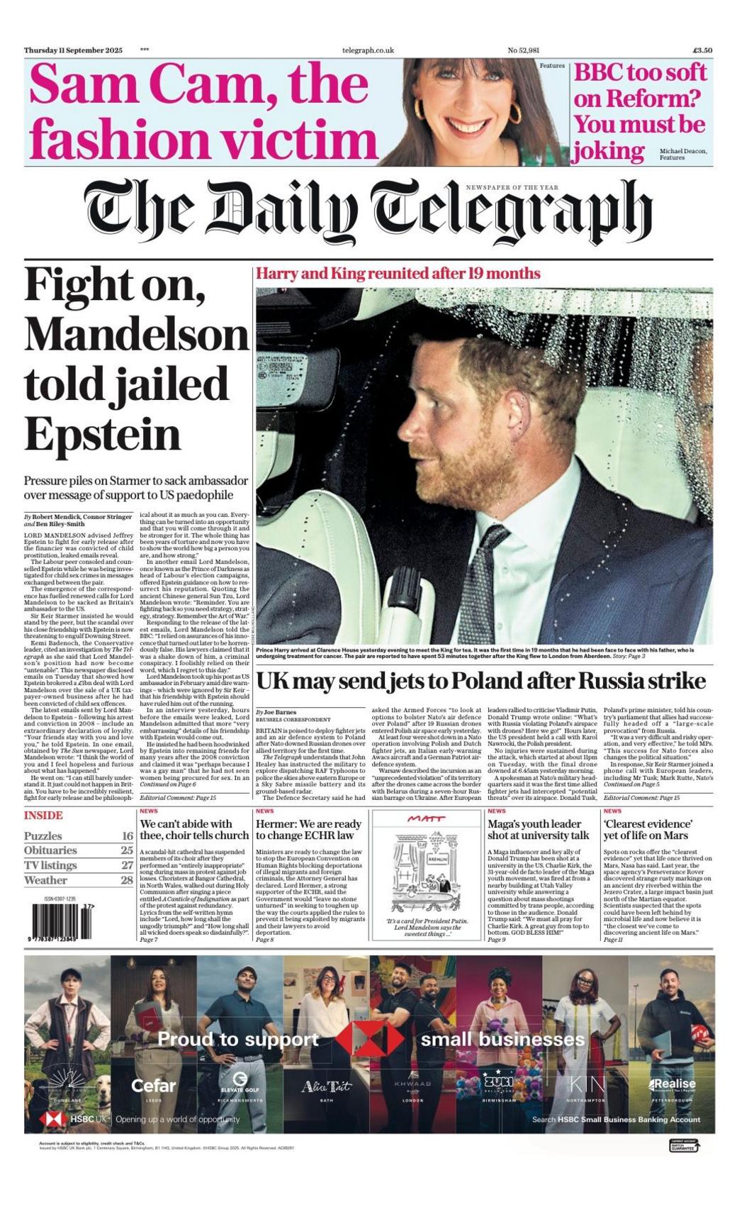 The headline on the front page of the Telegraph reads: “Fight on, Mandelson told jailed Epstein”.