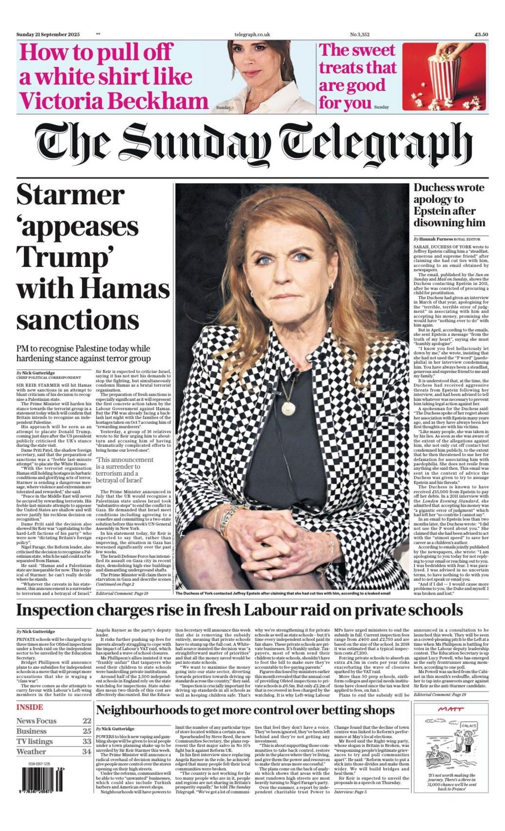 The headline on the front page of the Sunday Telegraph reads: "Starmer 'appeases Trump' with Hamas sanctions".