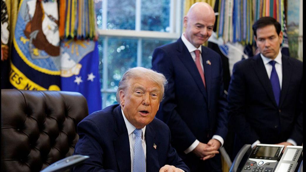 Donald Trump, Gianni Infantino and Marco Rubio speak to reporters in the Oval Office