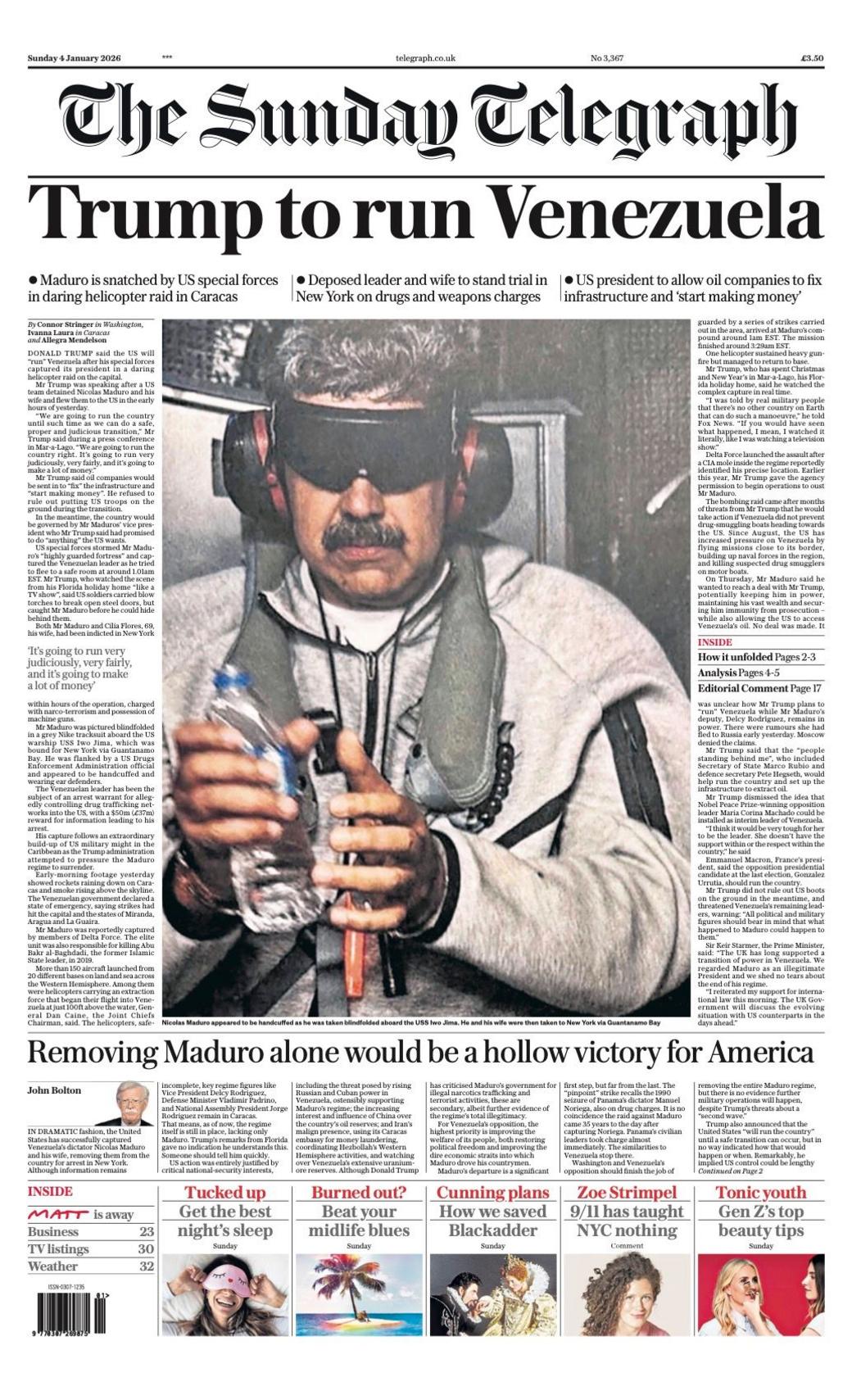 Titulli në faqen e parë të gazetës Sunday Telegraph thotë: “Trump do të drejtojë Venezuelën”.