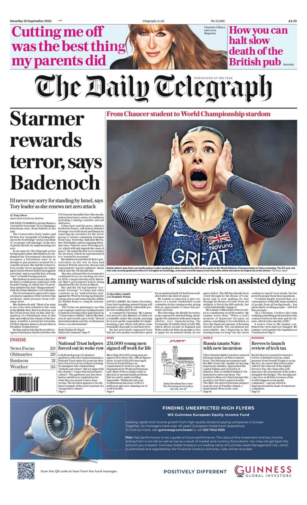 The headline on the front page of the Telegraph reads: “Starmer rewards terror, says Badenoch”.
