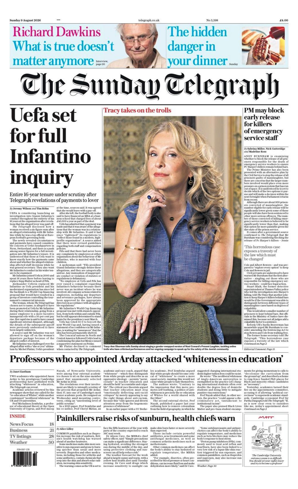 The headline on the front page of the Sunday Telegraph reads: “Uefa set for full Infantino inquiry”.