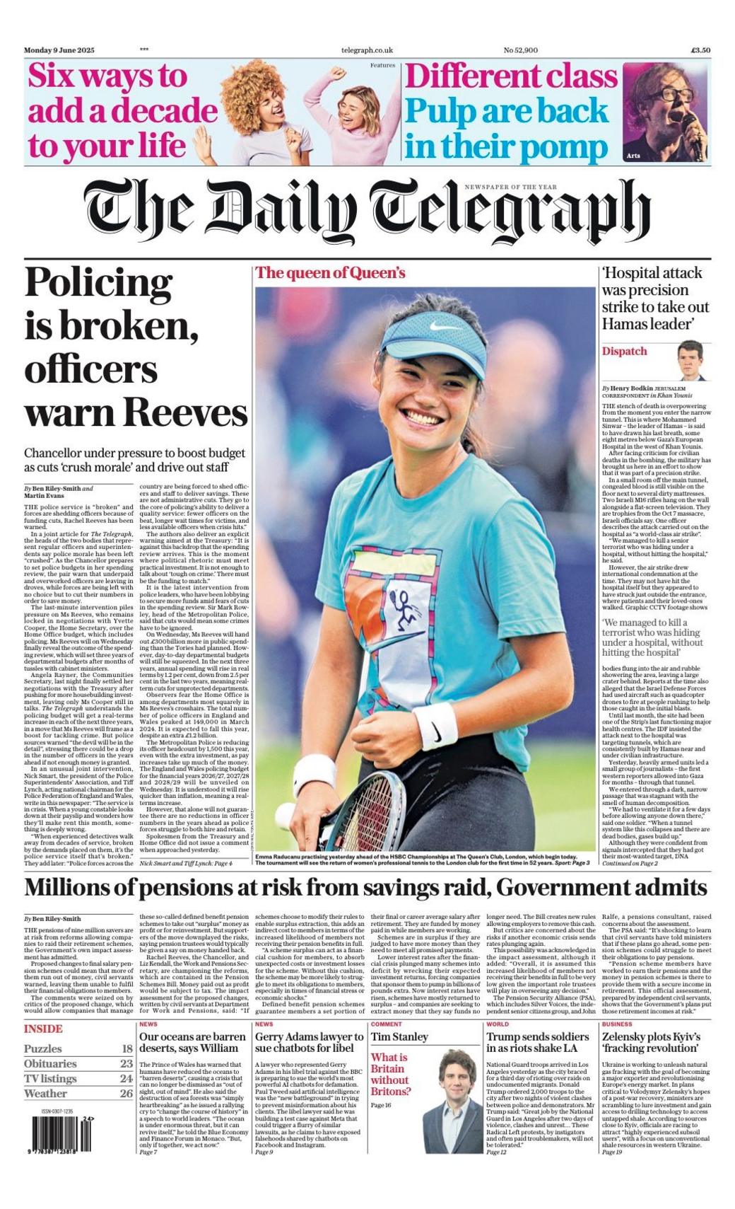 The headline on the front page of the Daily Telegraph reads: "Policing is broken, officers warn Reeves".