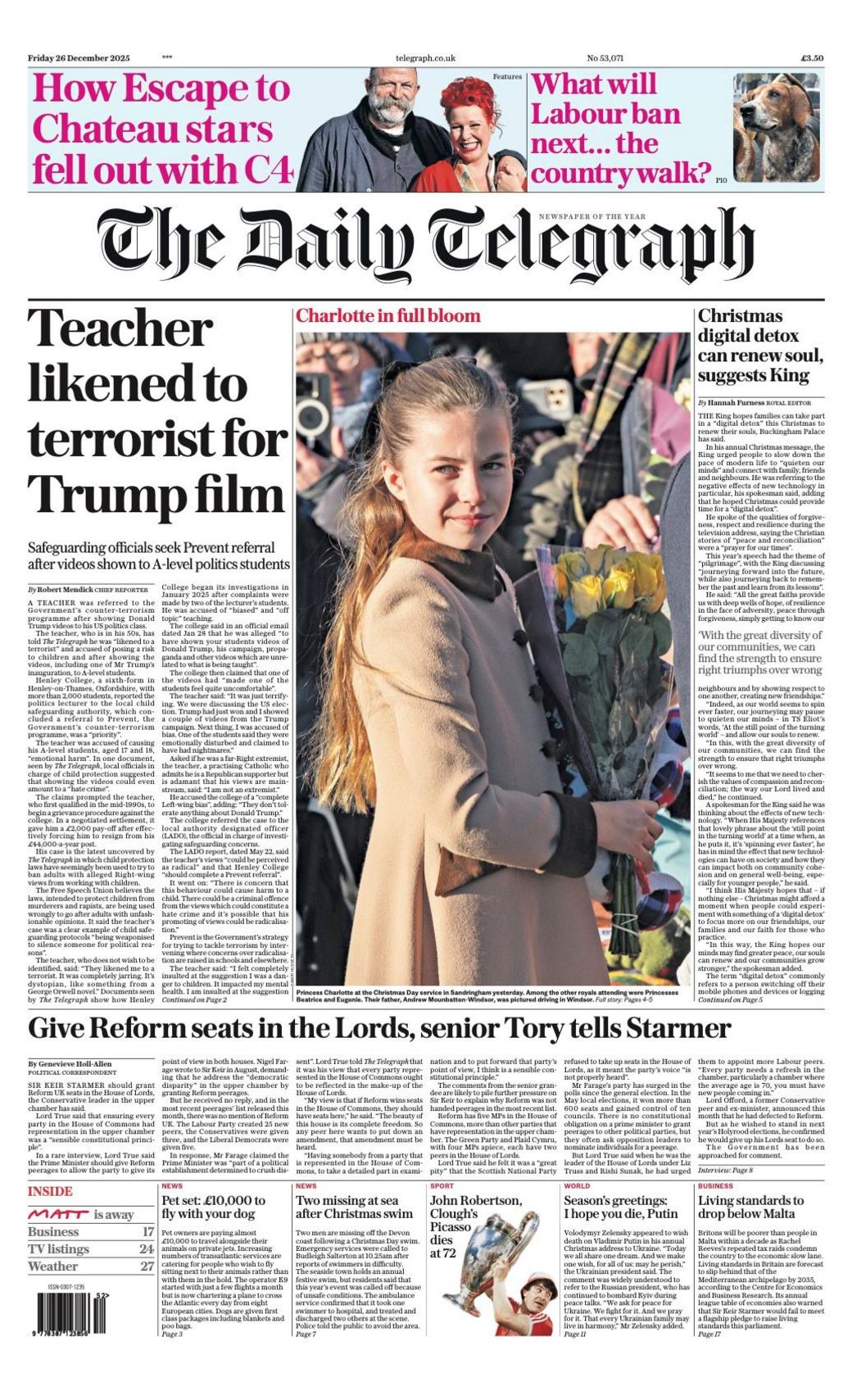 Titulli kryesor në Daily Telegraph është "Mësuesi krahasohet me terrorist për filmin e Trump".