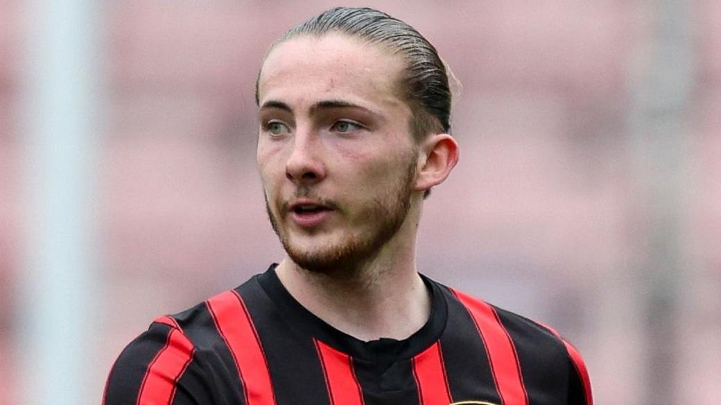 Wales Under-21 footballer Archie Harris playing football for Bournemouth, who loaned the defender to Eastleigh for the 2025-26 season