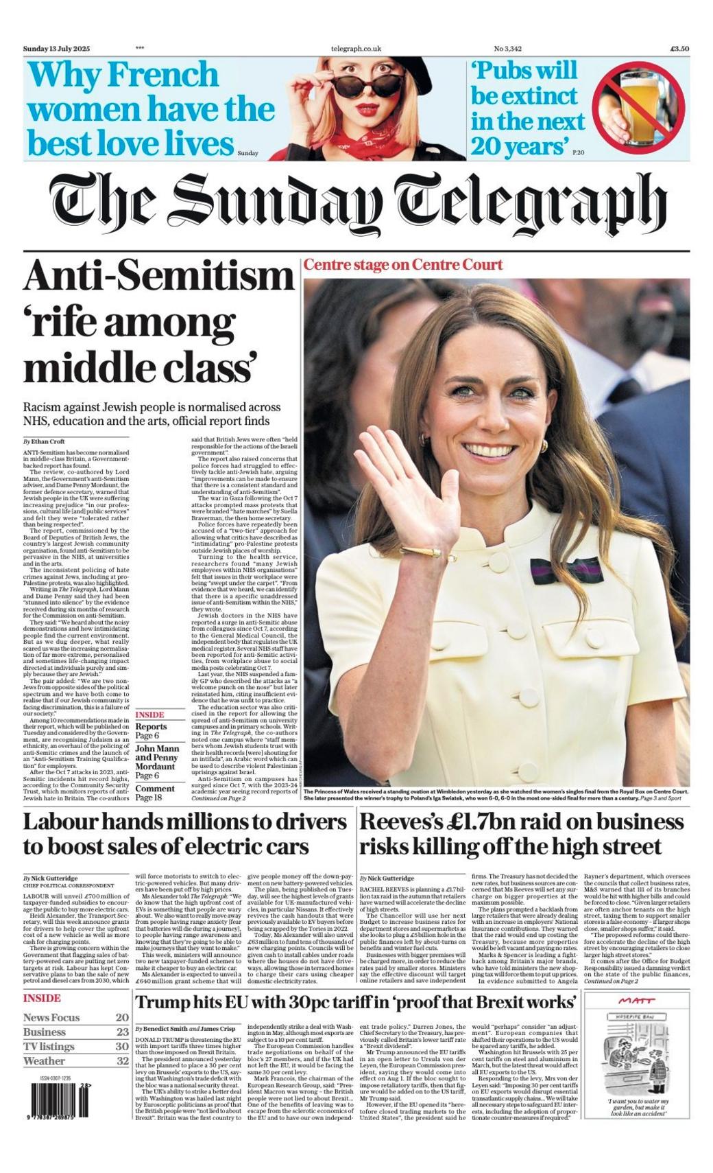 The headline on the front page of the Sunday Telegraph reads: "Anti-Semitism 'rife among middle class'".