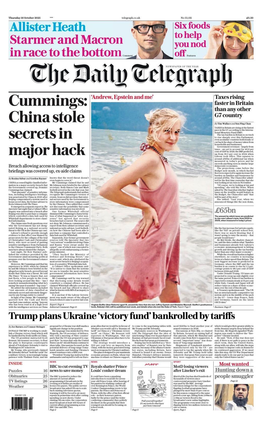 The headline on the front page of the Telegraph reads: “Cummings: China stole secrets in major hack”.