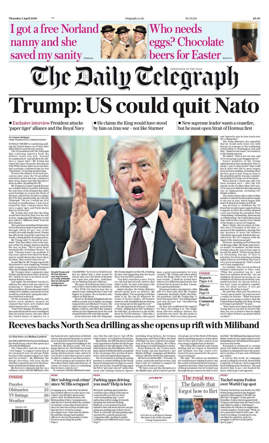 Titulli në faqen e parë të Daily Telegraph thotë: “Trump: SHBA-të mund të largohen nga NATO”.