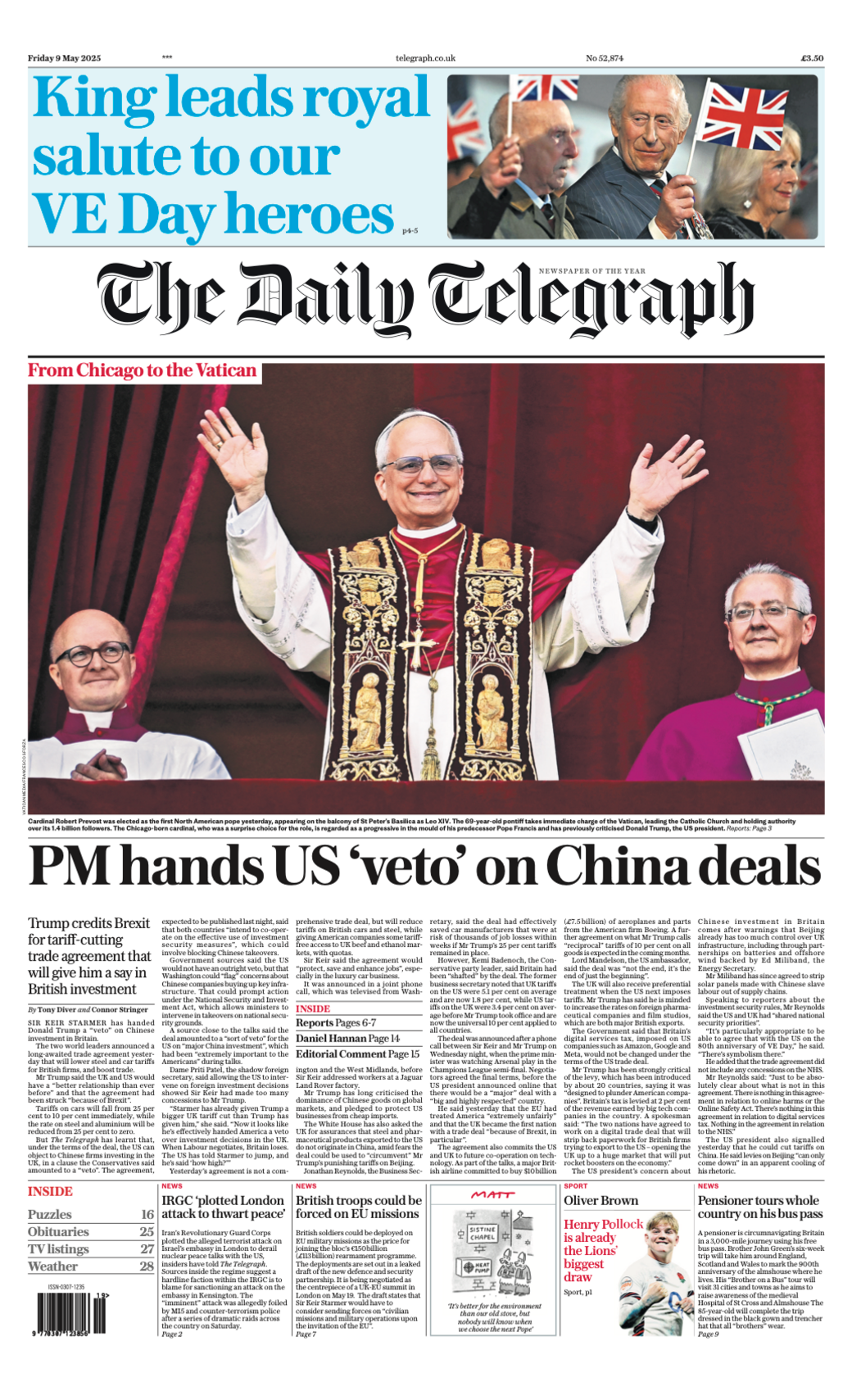 The headline on the front page of the Daily Telegraph reads "PM hands US 'veto' on China deals'