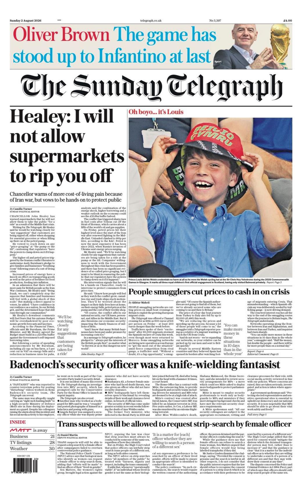 The headline on the front page of the Sunday Telegraph reads: "Healey: I will not allow supermarkets to rip you off."