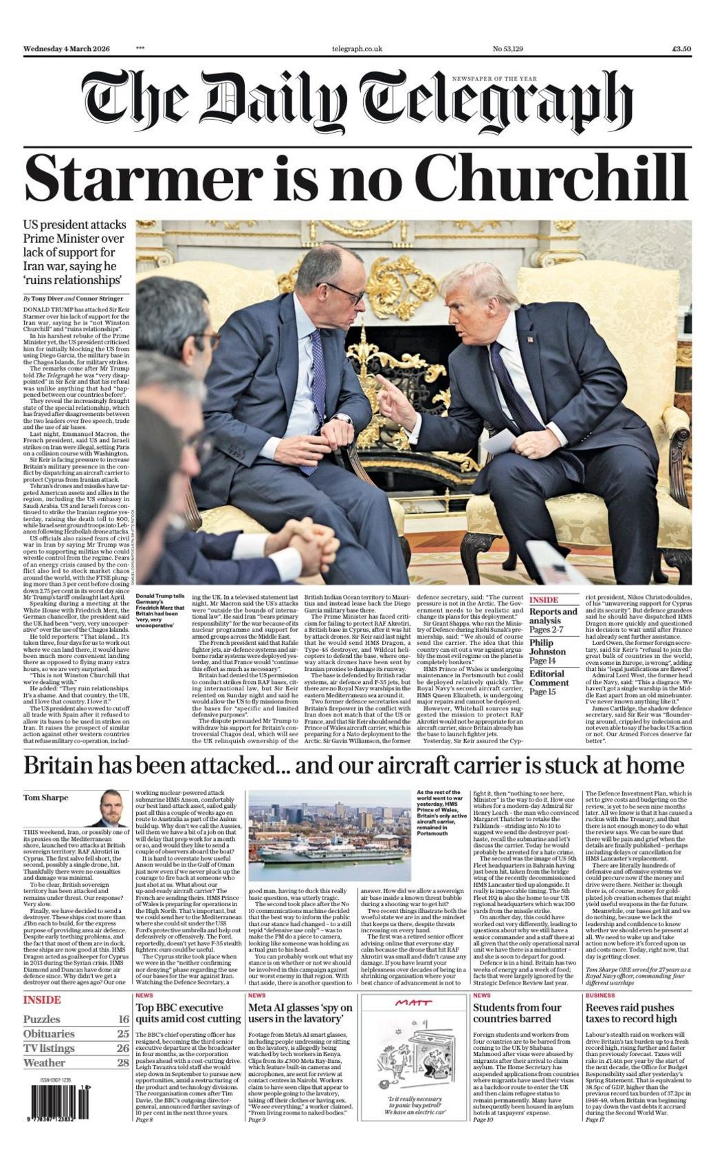 Titulli në faqen e parë të Daily Telegraph thotë: “Starmer nuk është Churchill”.