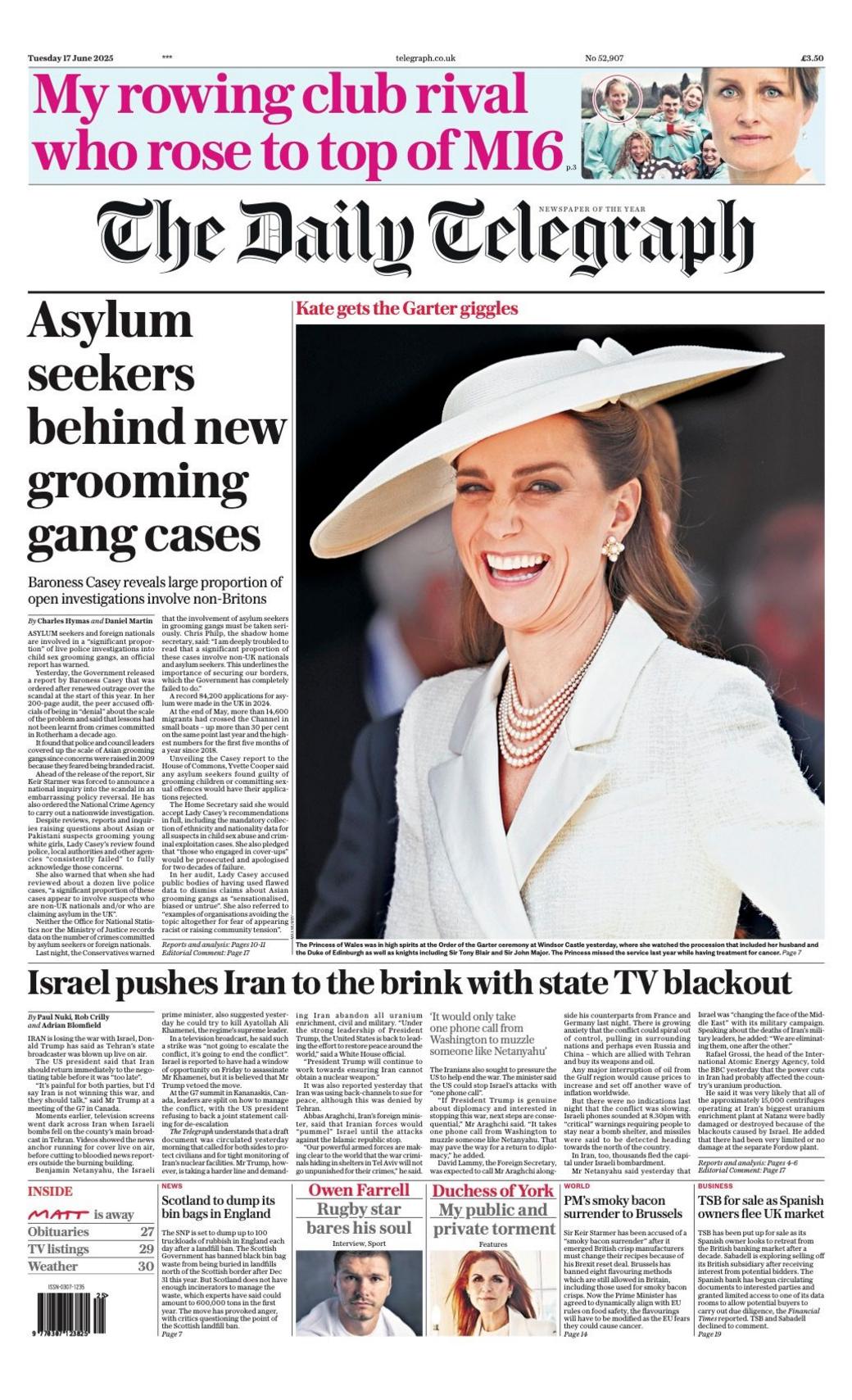 The headline on the front page of the Daily Telegraphy reads: "Asylum seekers behind new grooming gang cases".