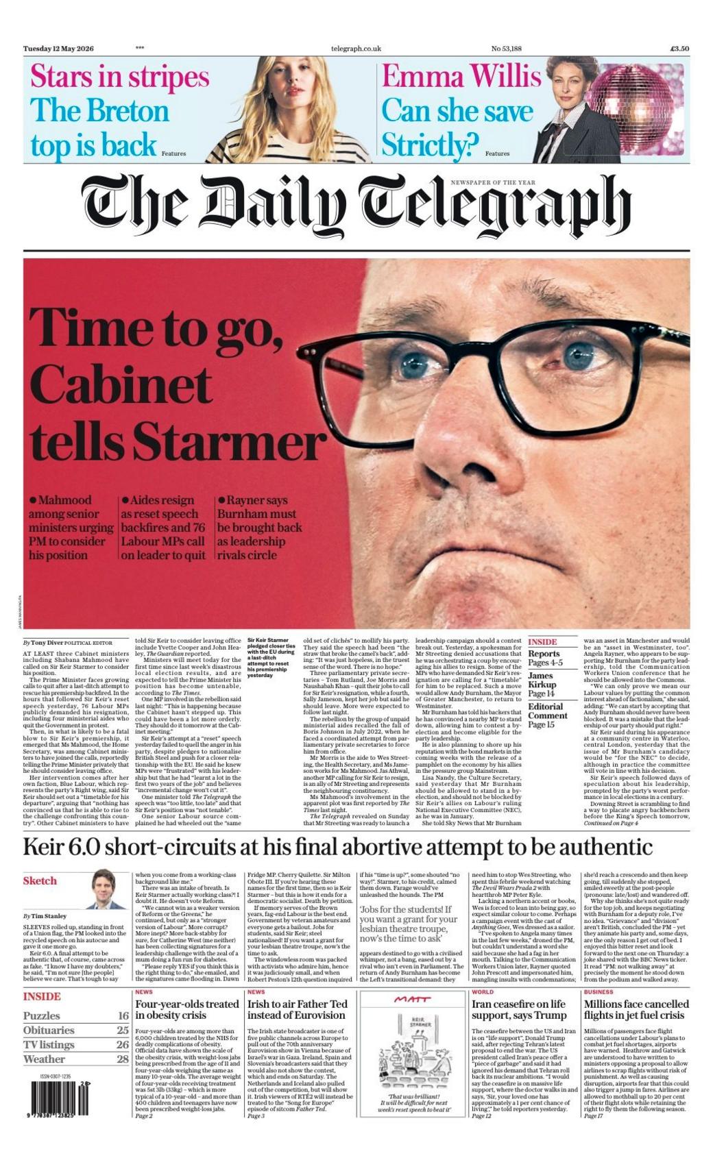 Titulli në faqen e parë të Daily Telegraph thotë: “Koha për të ikur, i thotë Kabineti Starmer”.