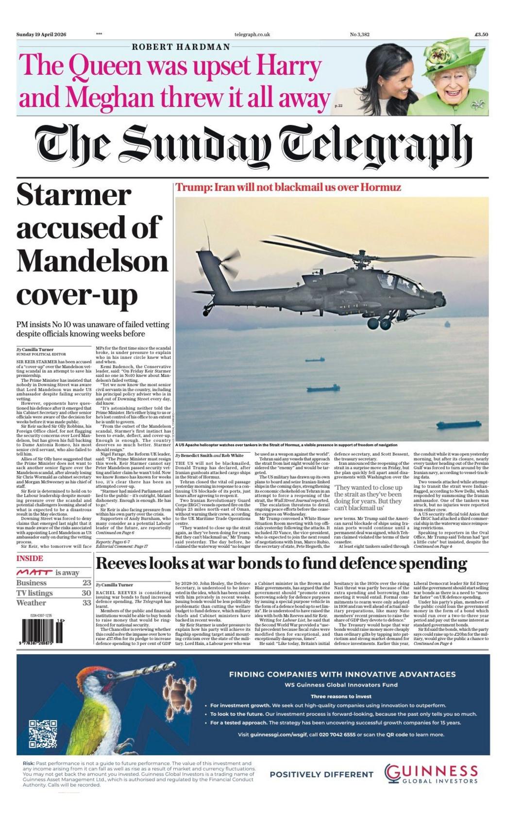 Titulli në faqen e parë të gazetës Sunday Telegraph thotë: "Starmer akuzohet për mbulimin e çështjes së Mandelsonit".