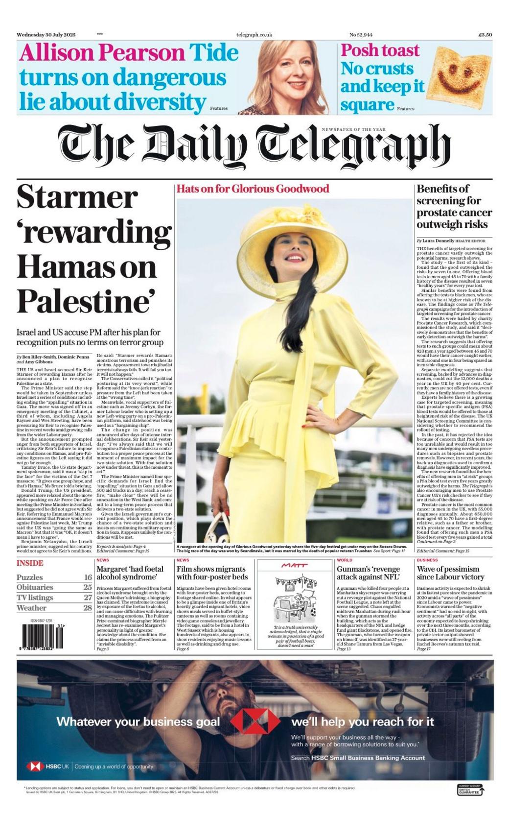 The headline on the front page of the Daily Telegraph reads: "Starmer 'rewarding Hamas on Palestine'".