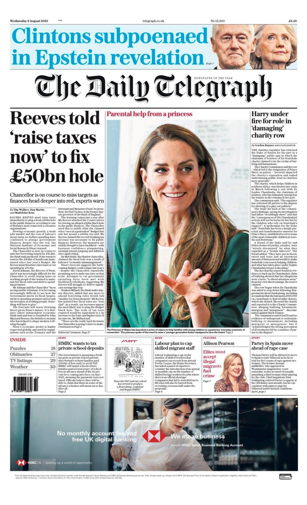 The headline on the front page of the Telegraph reads: “Reeves told 'raise taxes now' to fix £50bn hole”