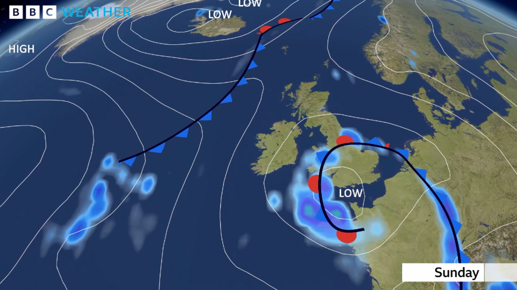 鶹Լ Weather graphic showing the eastern Atlantic, UK and north-west Europe, with an area of low pressure positioned just to the south of the UK.  Around it, an occluded front and rain for parts of the UK.