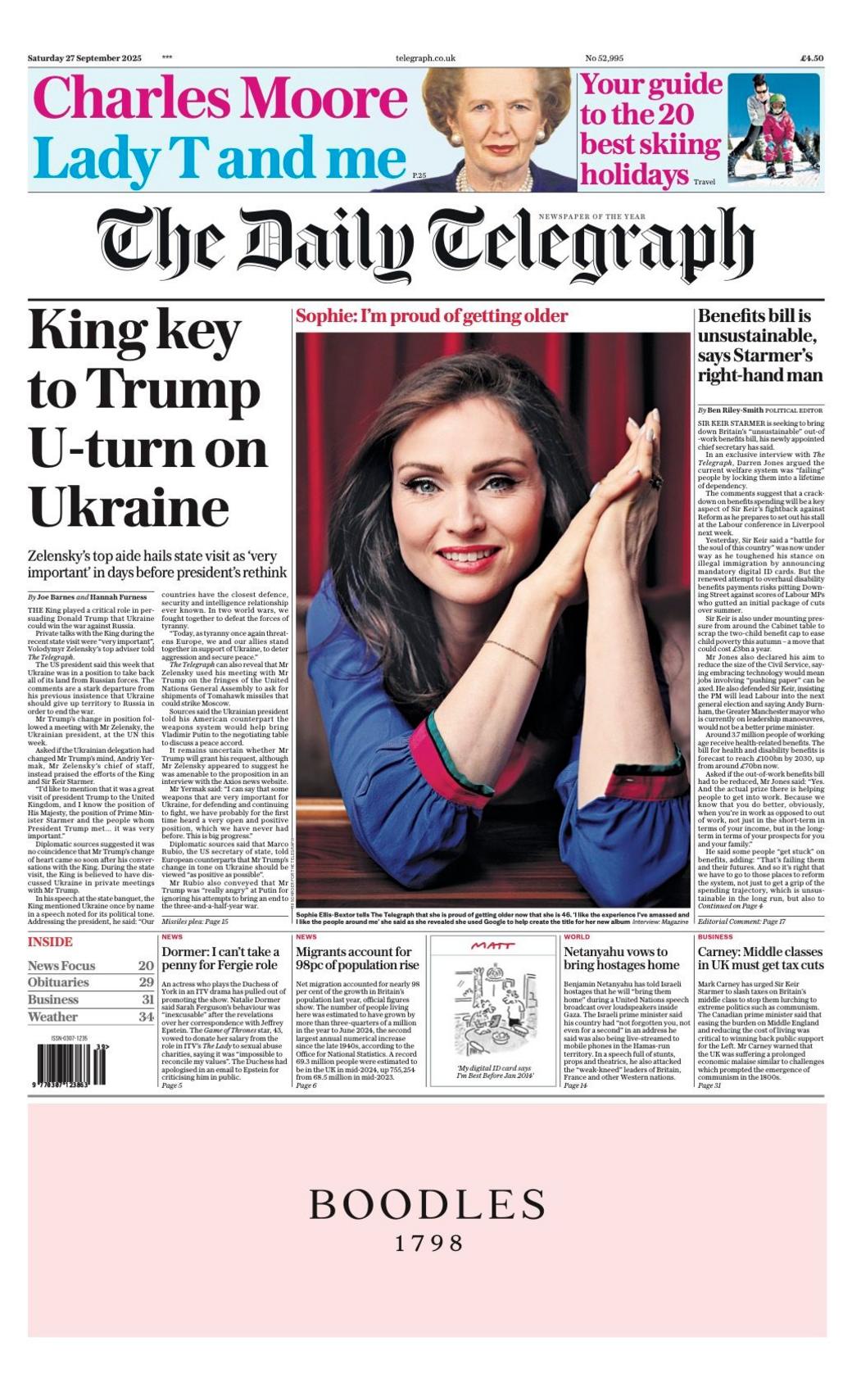The headline on the front page of the Telegraph reads: "King key to Trump U-turn on Ukraine".