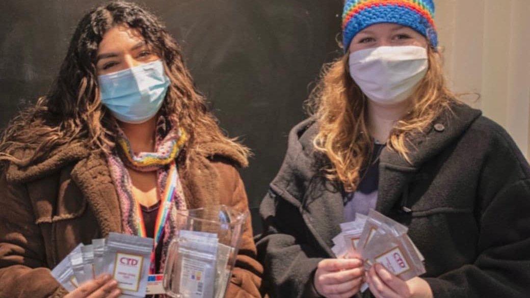 Briana Gordhan and Madeline Baugh with the the drink testing kits