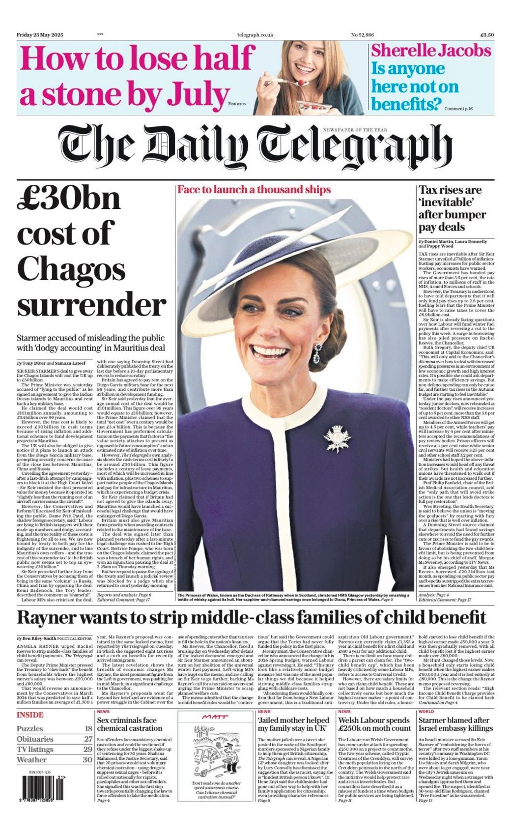 The headline on the front page of the Daily Telegraph reads: "£30bn cost of Chagos surrender".