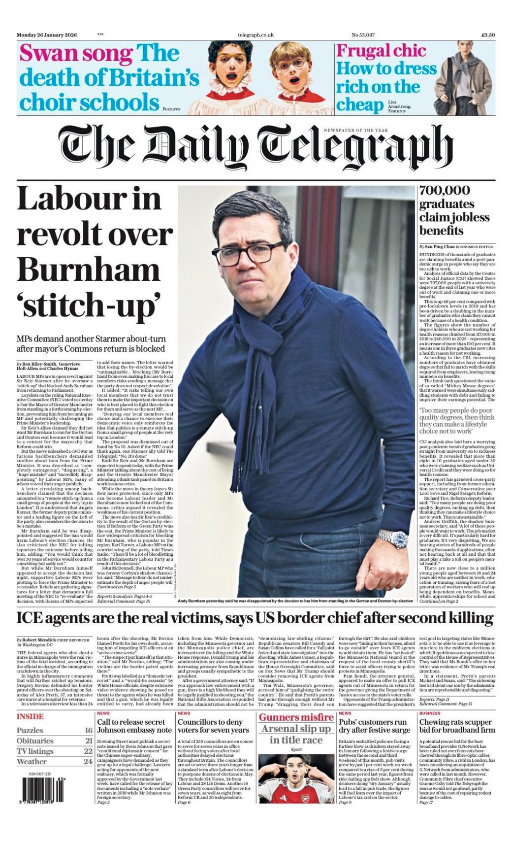 Titulli në faqen e parë të Daily Telegraph thotë: “Partia Laburiste në revoltë për ‘qepjen’ e Burnhamit”.