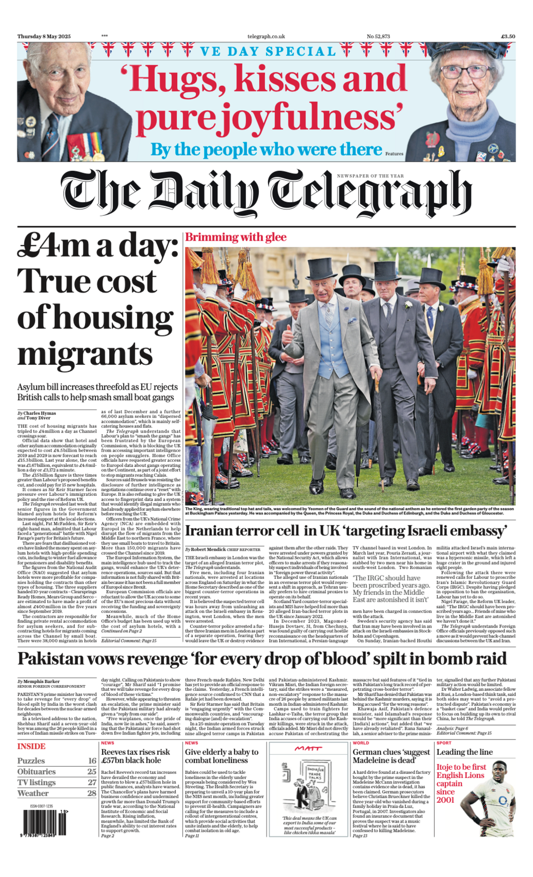 The Daily Telegraph front page. Its main headline reads "£4m a day: True cost of housing migrants". The main photo shows King Charles in a top hat and wearing a suit at the first garden party of the season at Buckingham Palace.
