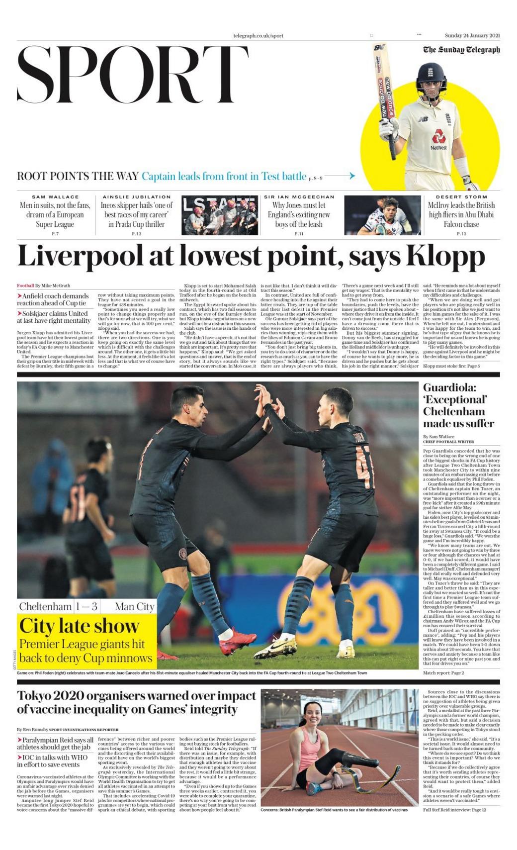 The front page of the Sunday Telegraph sports section