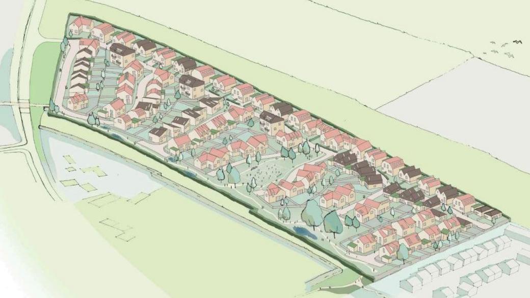 An illustrated aerial view of a proposed housing development set within a rural landscape. At the centre is a long, narrow site filled with rows of small, two‑storey houses shown in soft pastel colours, with a central open space with trees and planting.