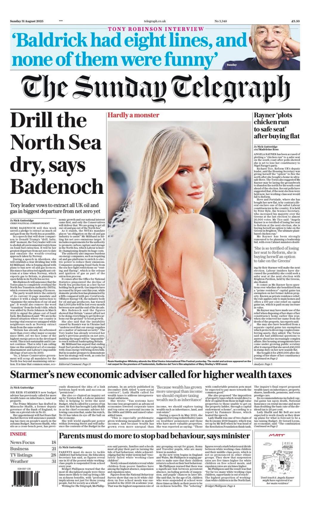 "Drill the North Sea dry, says Badenoch" reads the headline on the front page of the Sunday Telegraph.
