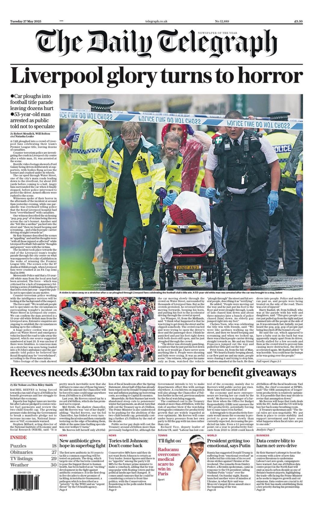 The headline on the front page of the Daily Telegraph reads: "Liverpool glory turns to horror".