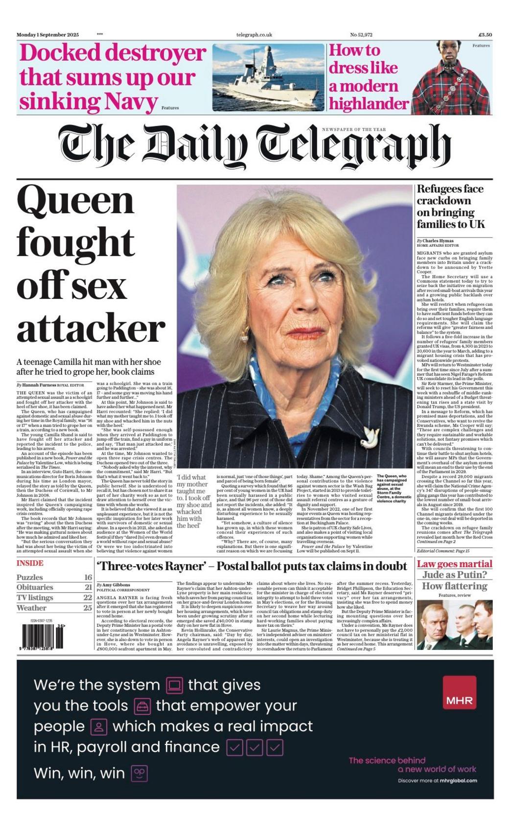 The headline on the front page of the Daily Telegraph reads: "Queen fought off sex attacker".