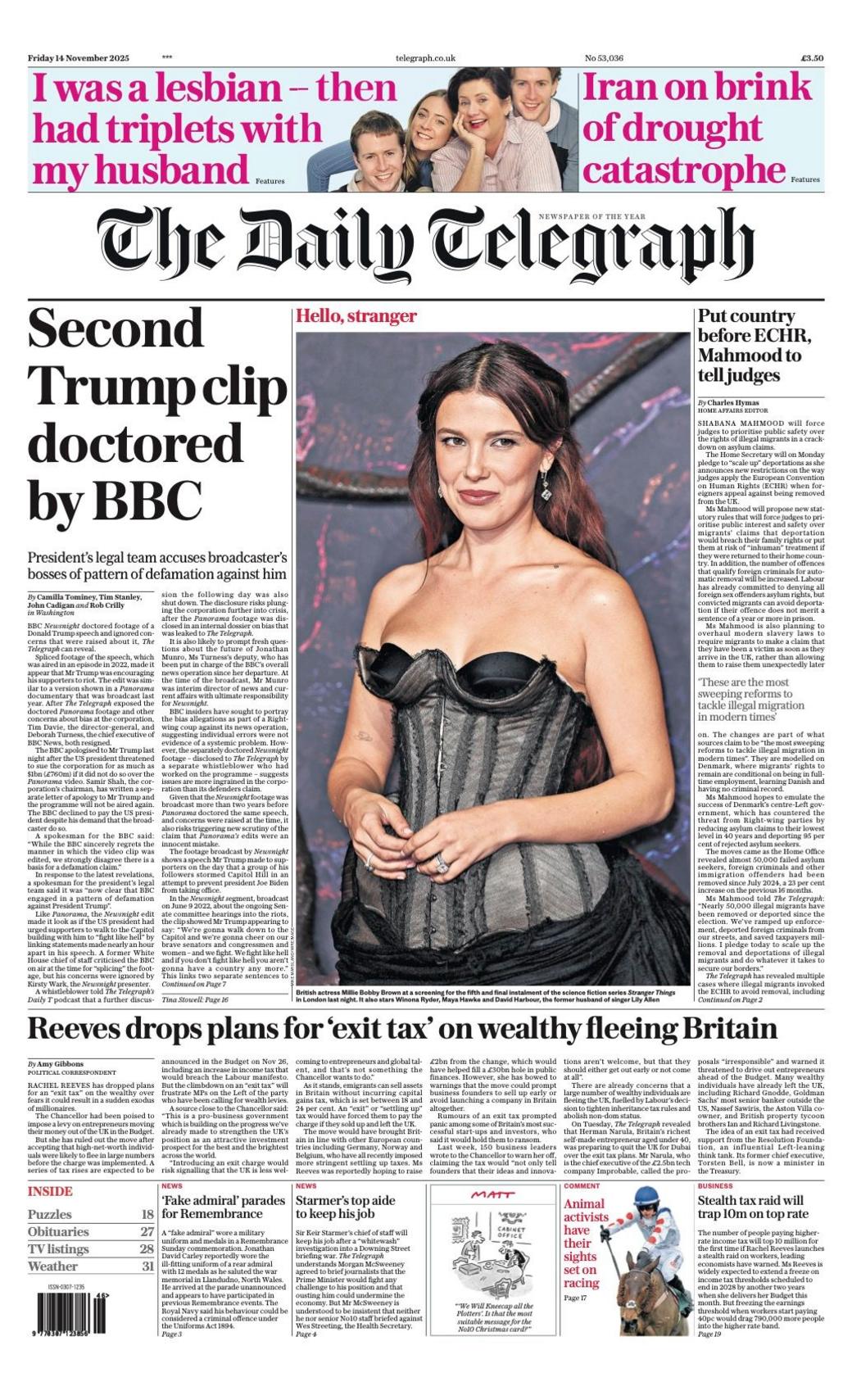 The headline on the front page of the Daily Telegraph reads: "Second Trump clip doctored by BBC".