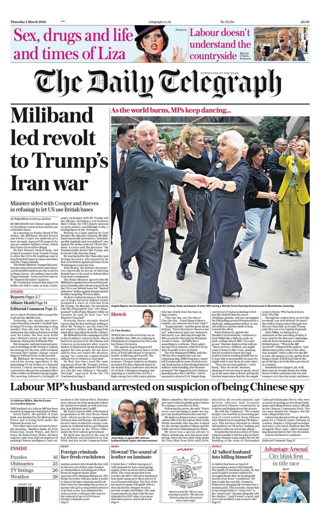 Titulli në faqen e parë të Daily Telegraph thotë: “Miliband udhëhoqi revoltën ndaj luftës së Trumpit me Iranin”.