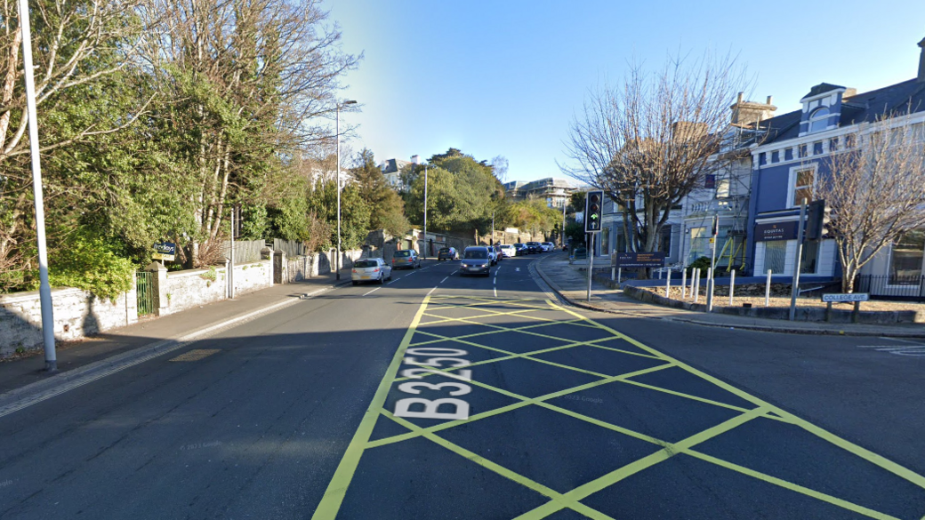 A google street view of B3250 Mannamead Road. There are cars driving along the road and trees can be seen either side.