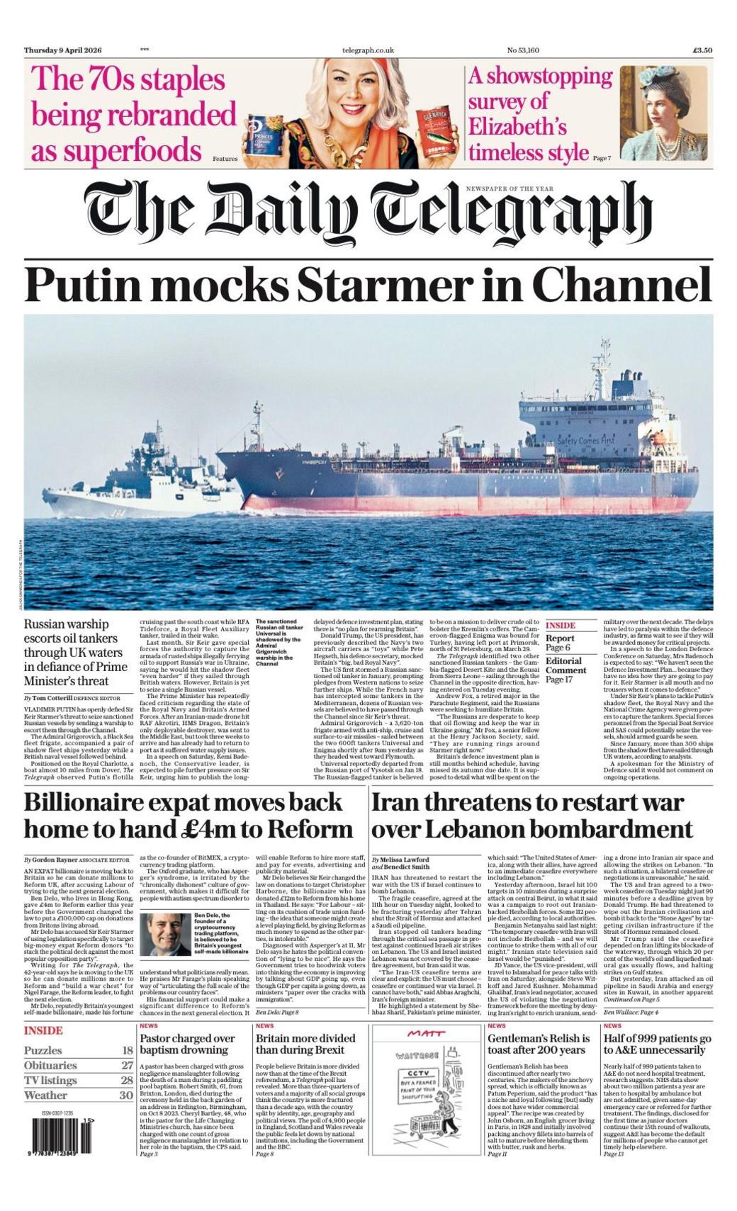 Titulli në faqen e parë të Daily Telegraph thotë: “Putini tallet me Starmerin në Channel”.