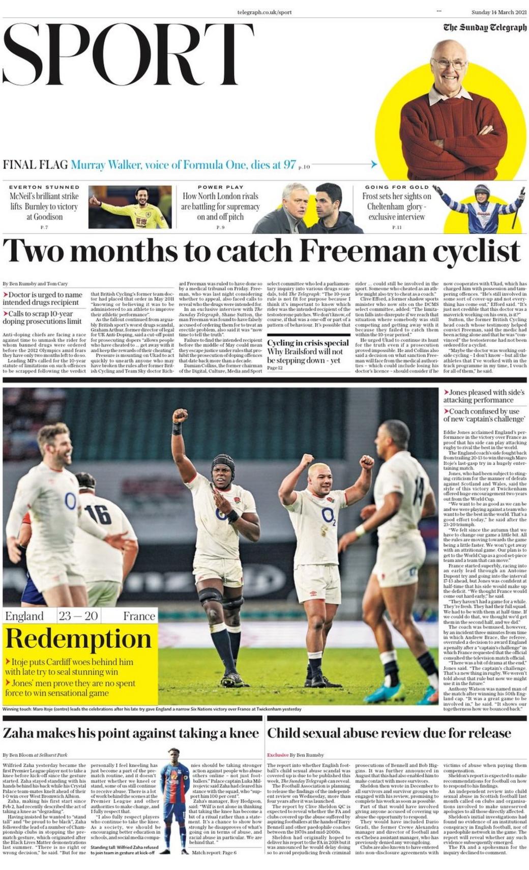 The front page of the Sunday Telegraph sport section