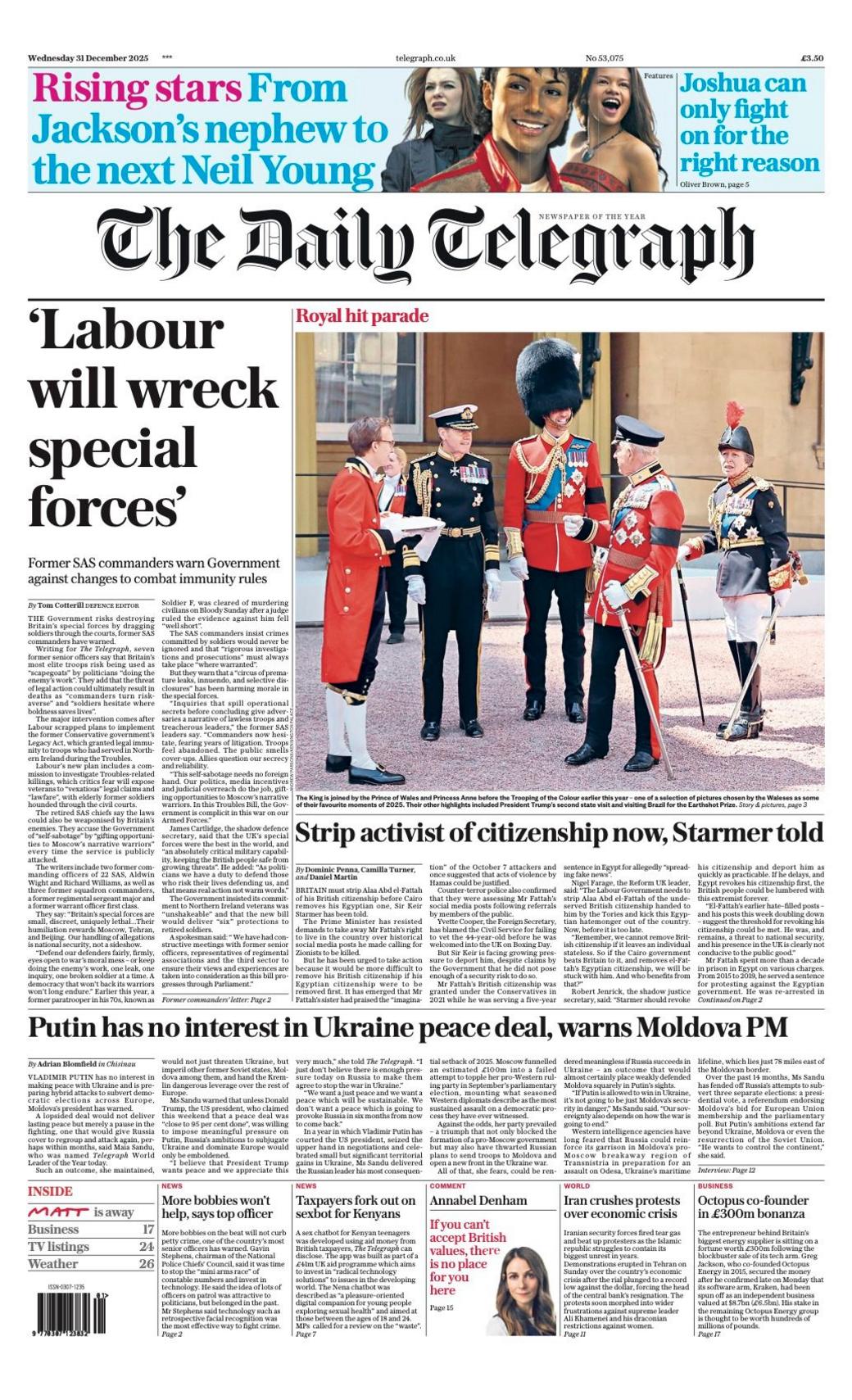 Titulli në faqen e parë të Daily Telegraph thotë: "Partia Laburiste do të shkatërrojë forcat speciale".