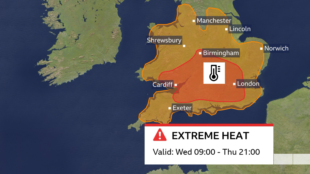 Graphic showing England and Wales where there is an amber area covering most parts and a small red warning in parts of the Midlands, south-east Wales and southern England.