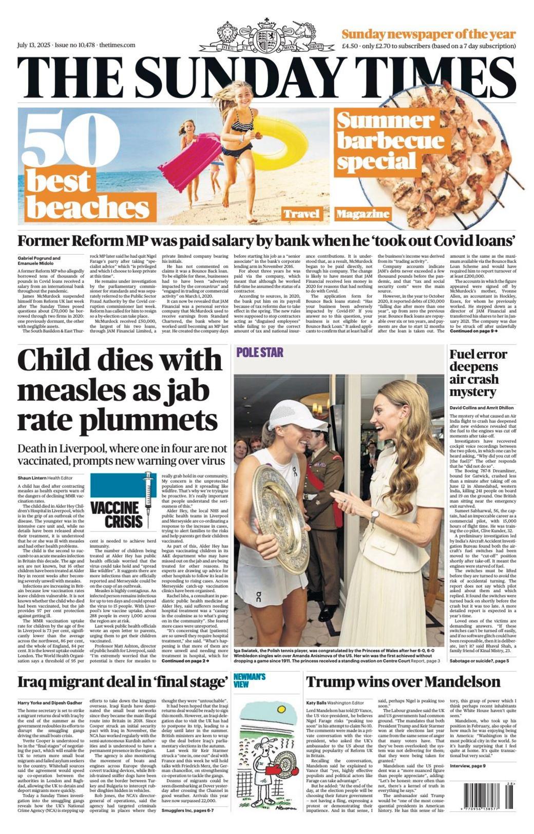 The headline on the front page of the Sunday Times reads: "Child dies with measles as jab rate plummets".