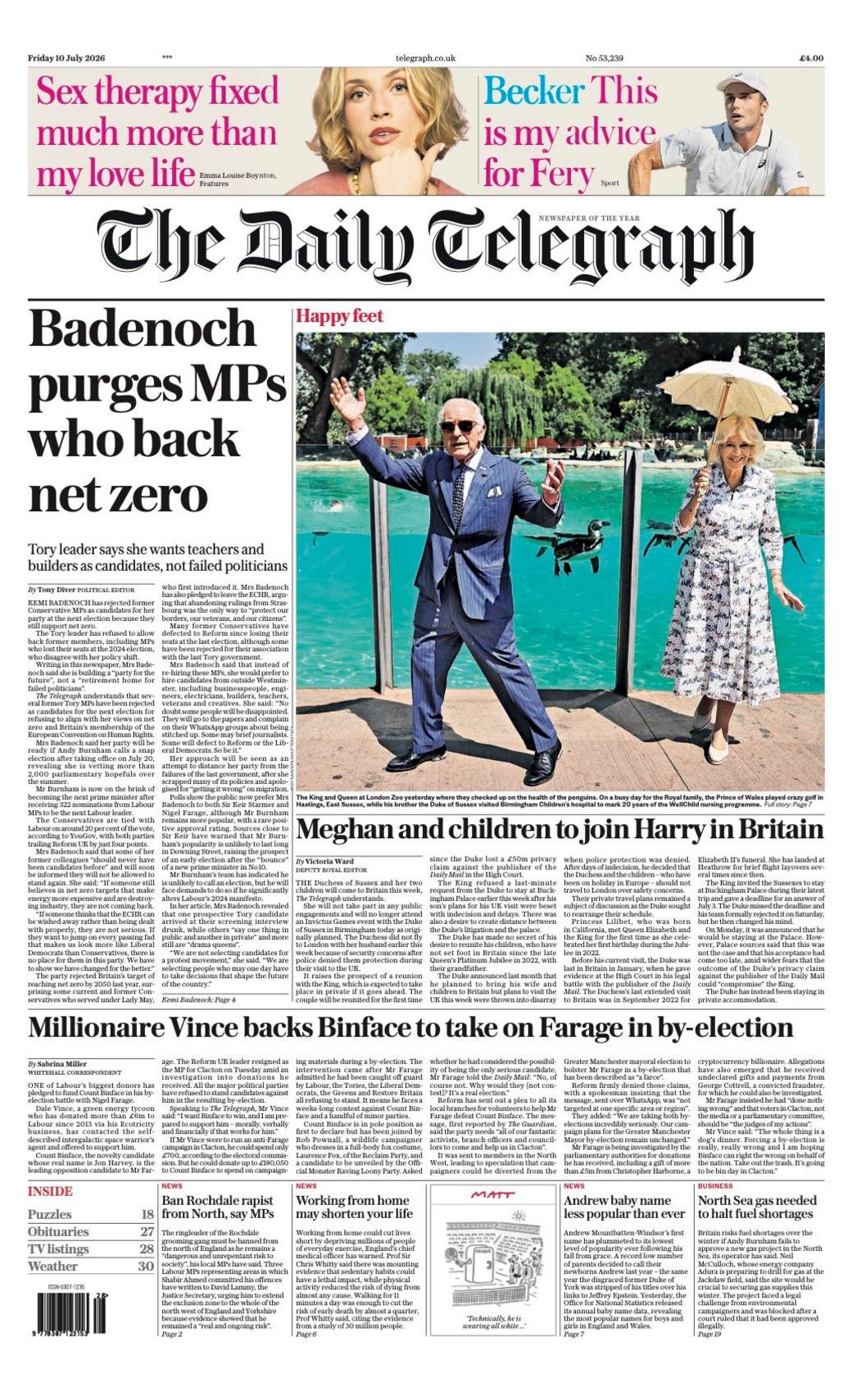 The headline on the front page of the Daily Telegraph reads: 'Badenoch purges MPs who back net zero.'