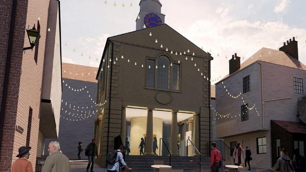 Artist's impression of the renovated building, including fairy lights and cleaned stonework