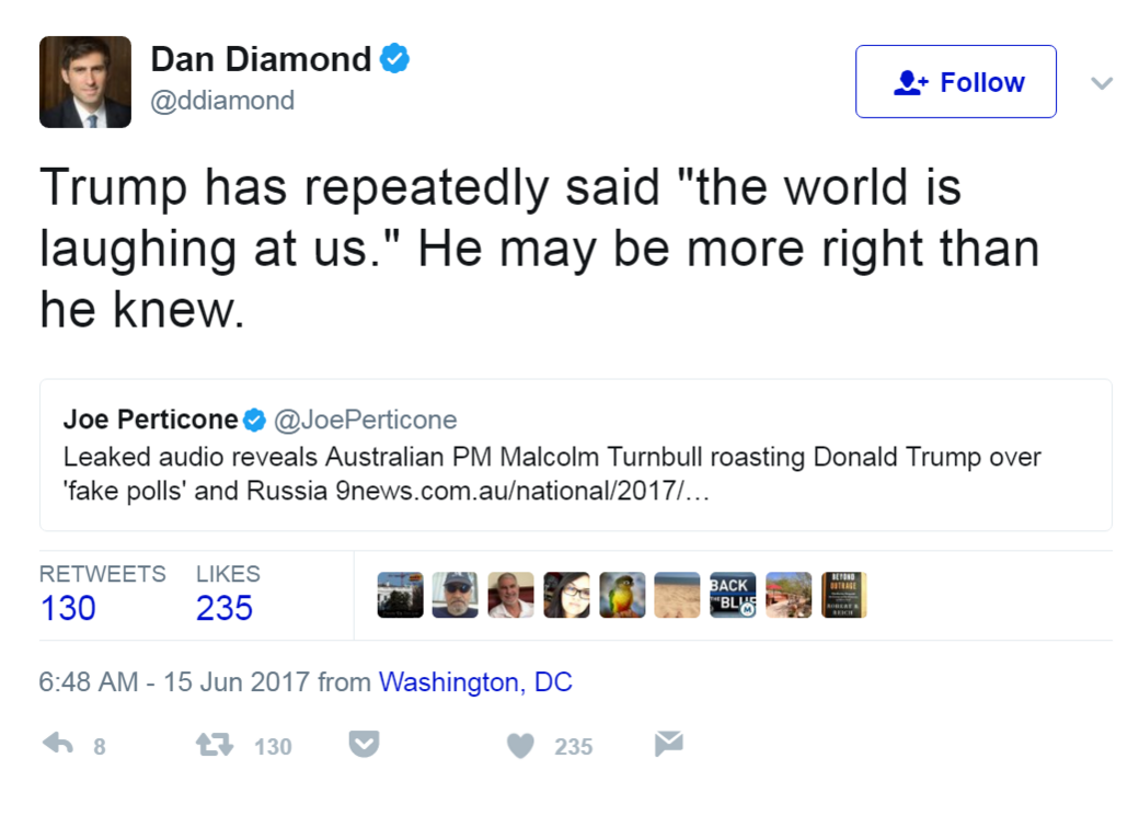 Tweet from Politico reporter Dan Diamond: Trump has repeatedly said "the world is laughing at us." He may be more right than he knew.