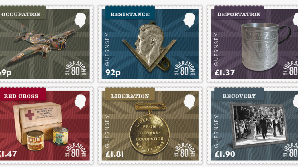 A set of six Liberation Day stamps. The stamps are each a different colour and feature titles like occupation, resistance and deportation. The stamps have the King's silhouette in the corner and the price.