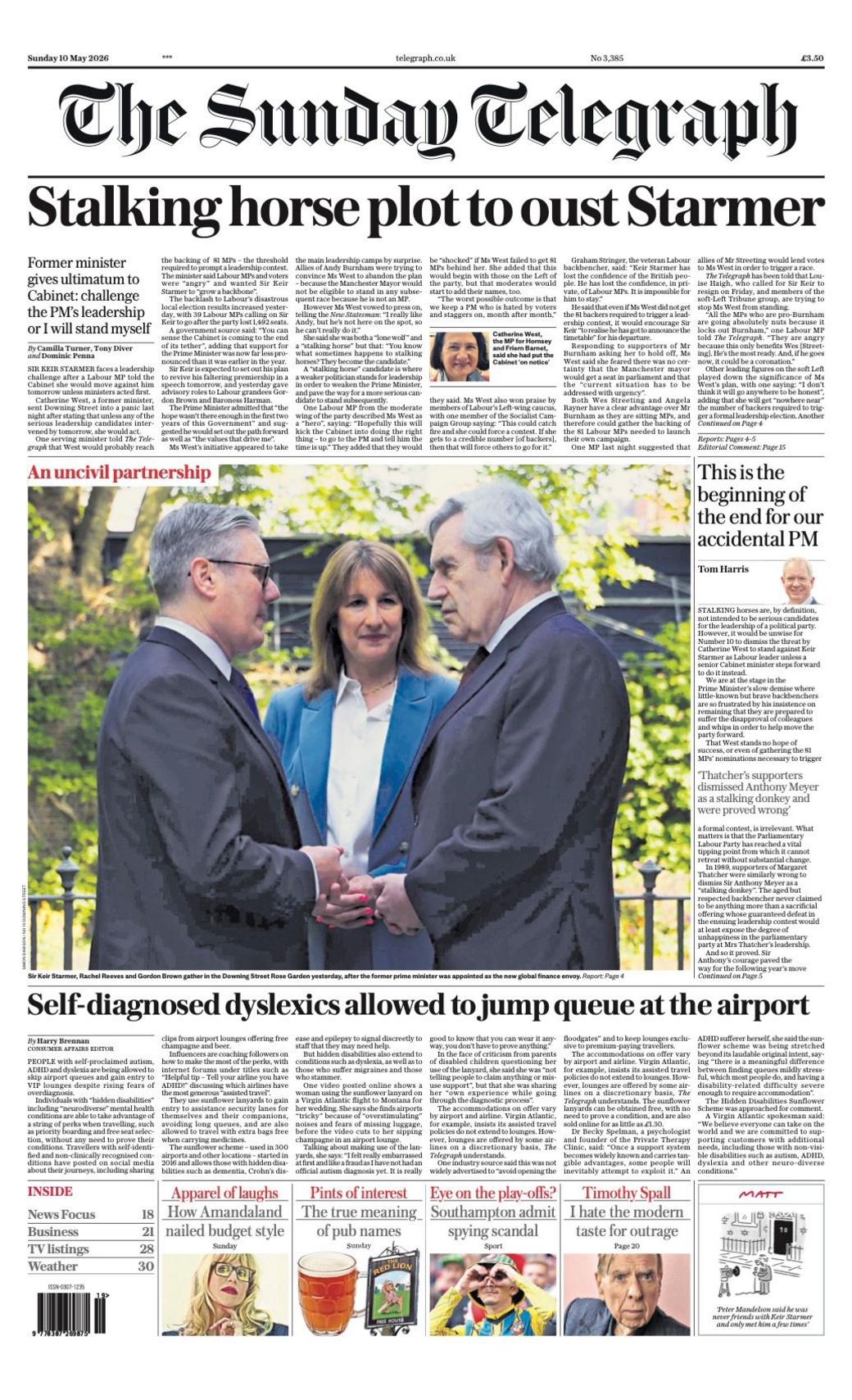 "Komplot me kalë ndjekës për të rrëzuar Starmerin", shkruan titulli në faqen e parë të gazetës Sunday Telegraph.