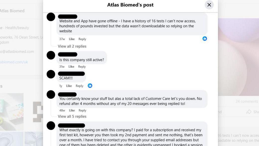 A screengrab of Atlast Biomed's Facebook page with angry comments from users.