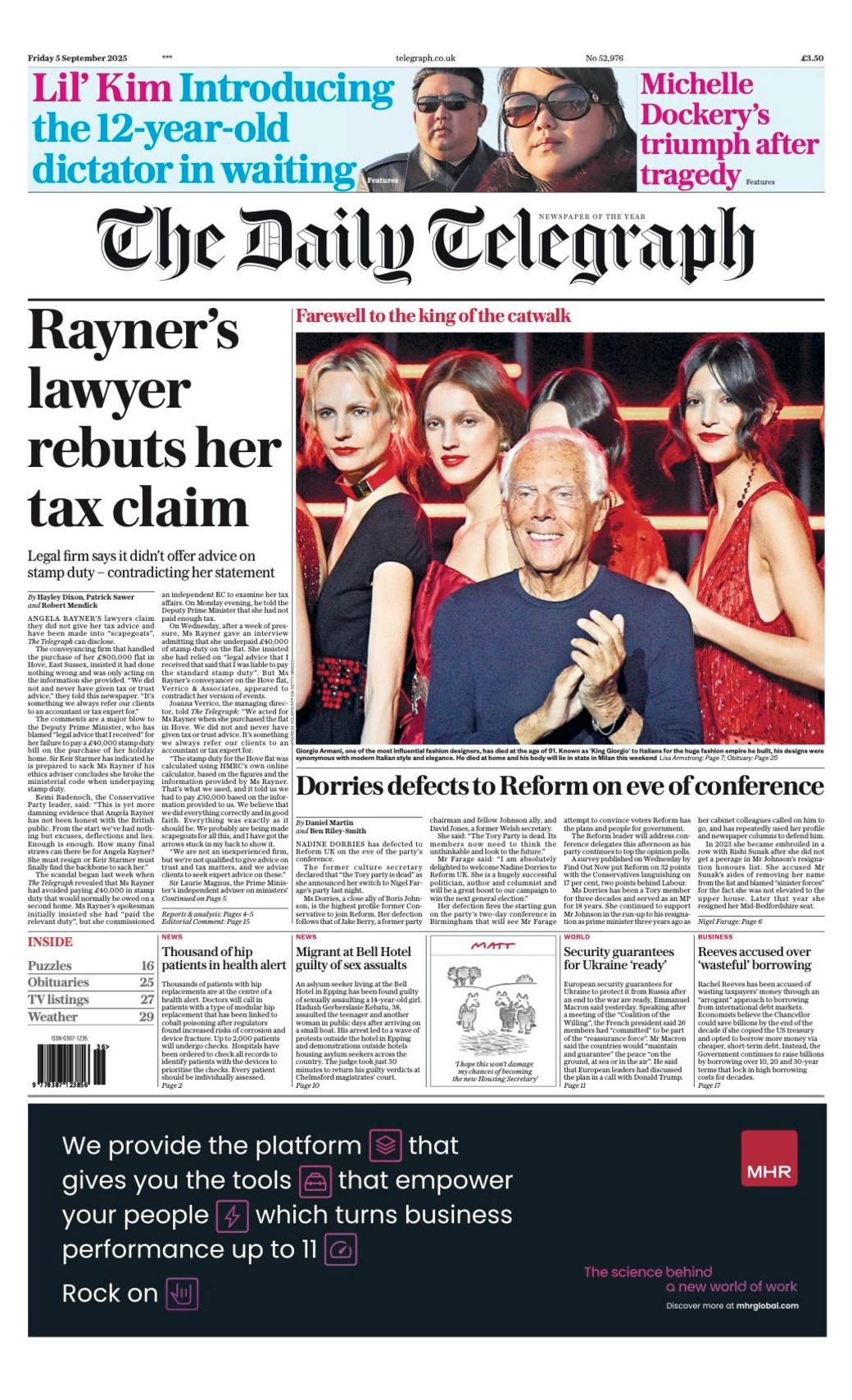 The headline on the front page of the Daily Telegraph reads: "Rayner's lawyer rebuts her tax claim".