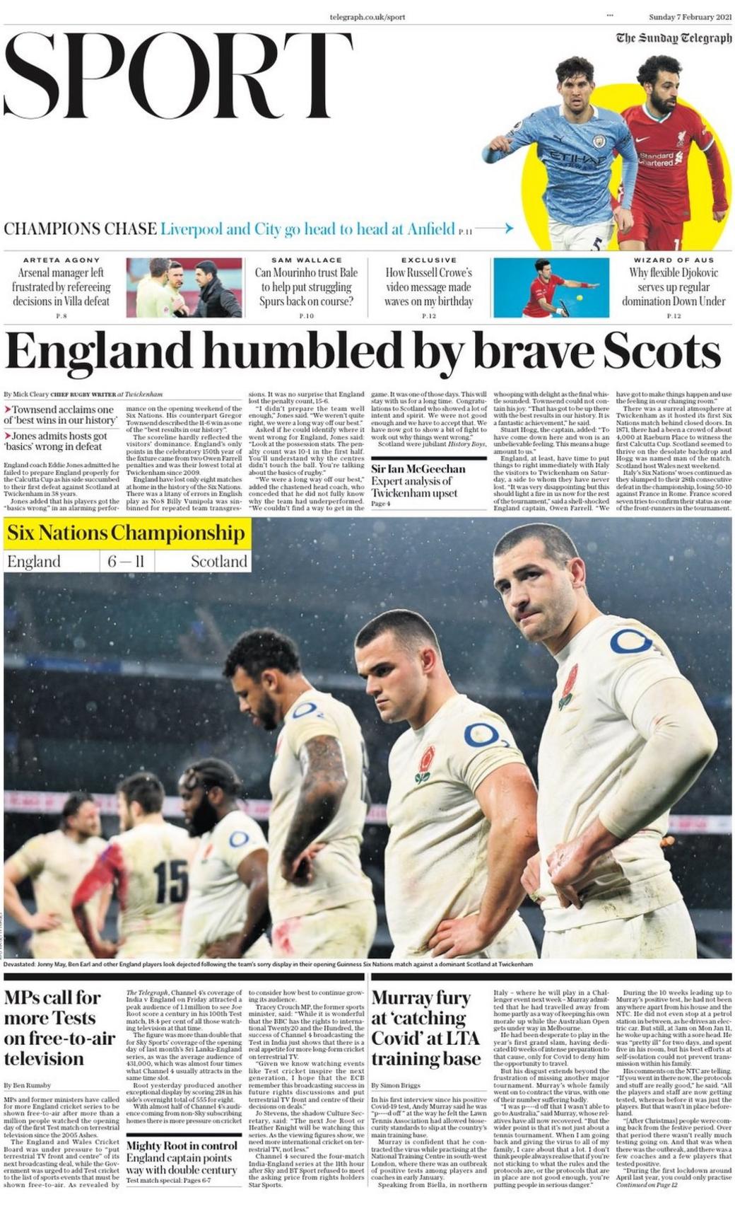 The front page of the Sunday Telegraph sport section
