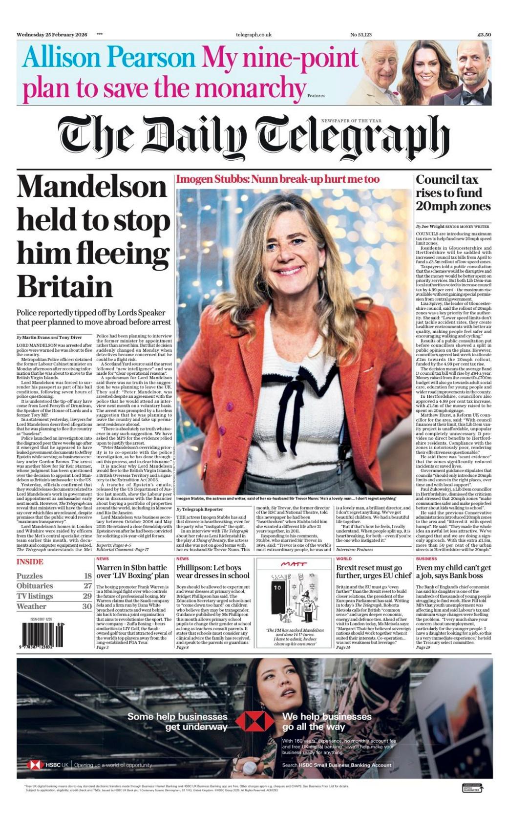 Titulli në faqen e parë të gazetës Telegraph thotë: “Mandelson u mbajt për ta ndaluar të largohej nga Britania”.